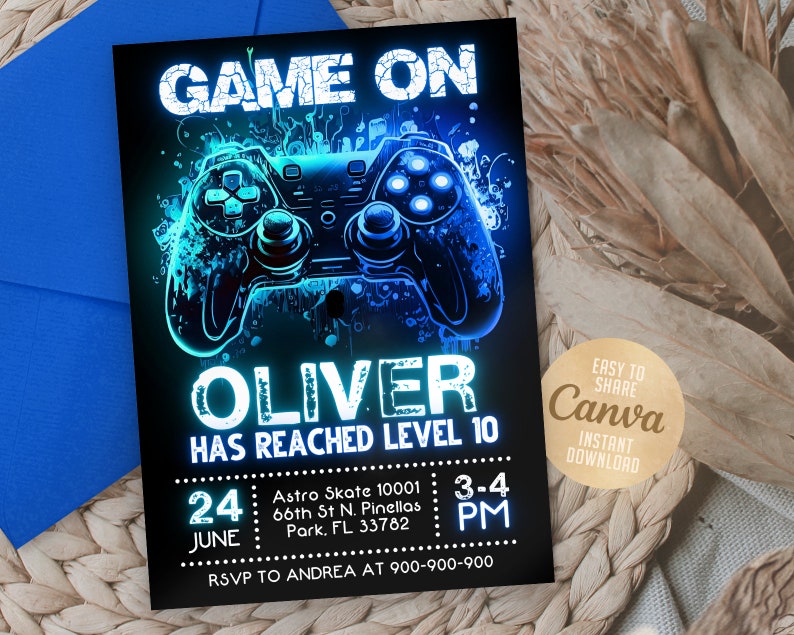 Editable Video Game Party Invitation, Level Up Birthday Invite, Gamer Boy Template, Arcade Party, 5x7 Canva WS2401 image 2