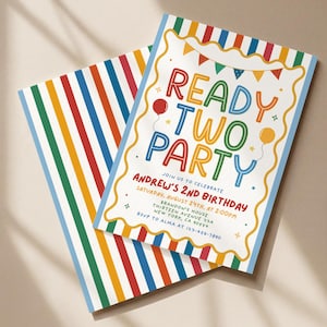 May include: A rectangular birthday invitation card featuring a colorful vertical striped pattern in red, yellow, green, and blue. The text reads READY TWO PARTY, ANDREW'S 2ND BIRTHDAY, SATURDAY, AUGUST 24TH, AT 2:00PM, BRANDON'S HOUSE, THIRTEEN AVENUE, NEW YORK, CA 90559, RSVP TO ALMA AT 123-456-7890.