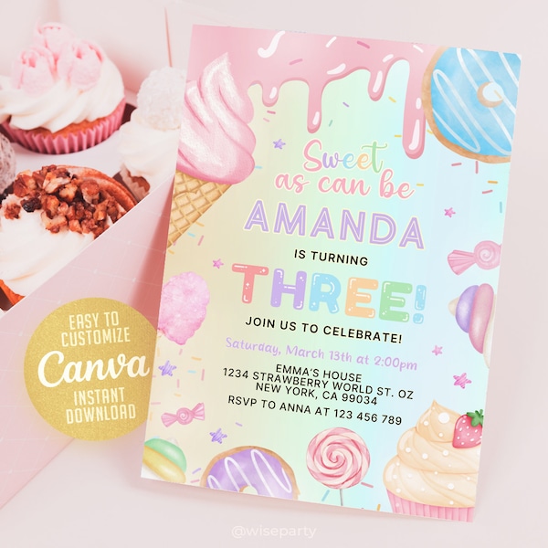 Sweet As Can Be Girl 3rd Third Birthday Invitation, Candy Birthday Invite, Candy Sweets Donut Ice Cream Cupcake, Canva WS2401