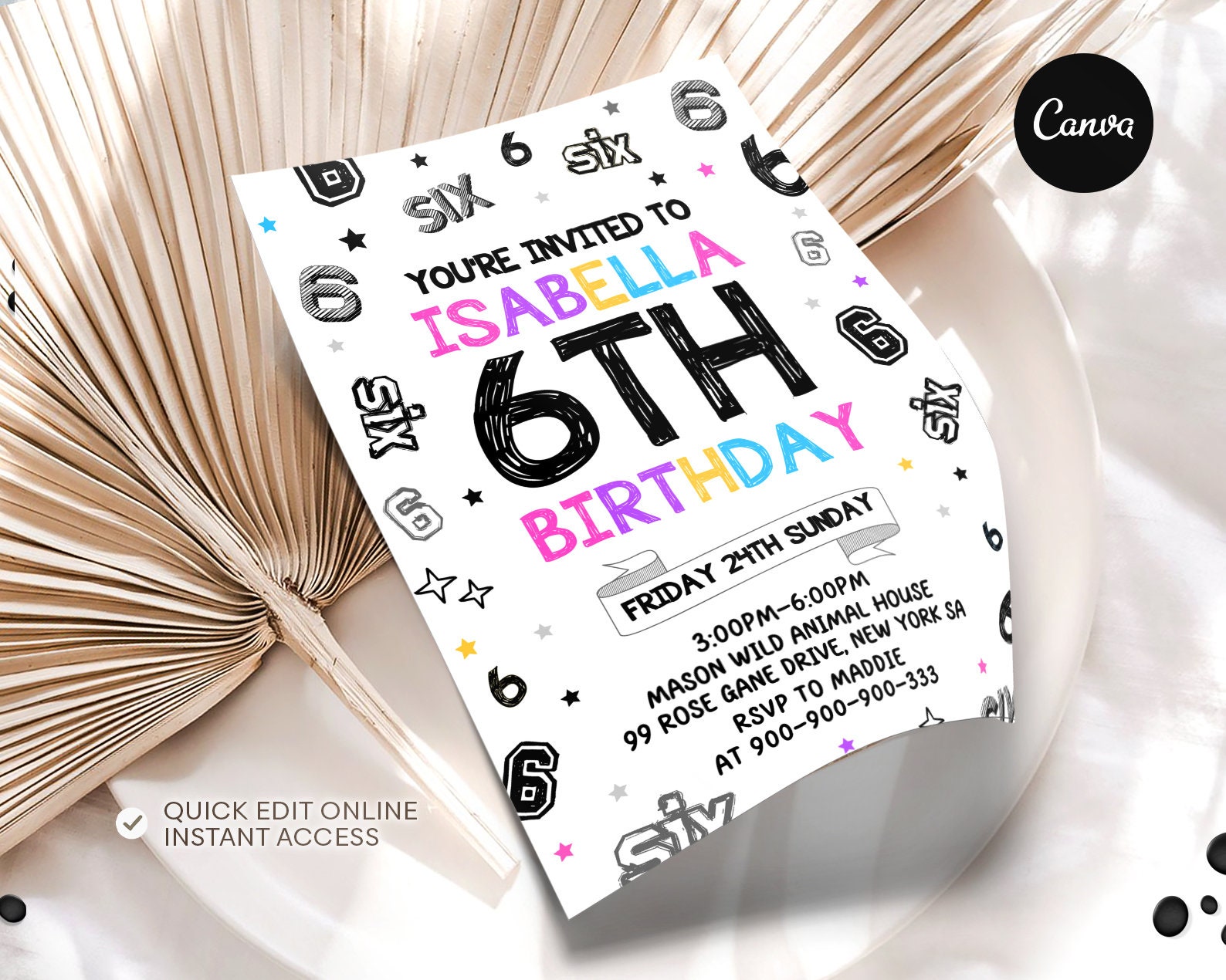 6th Girl Birthday Invitation Girl Birthday Invites Instant Etsy