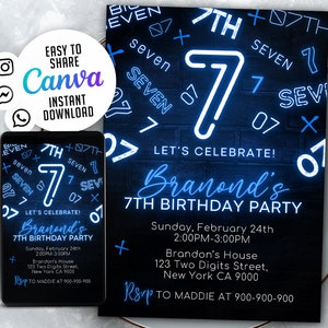 7Th Neon Birthday Invitation, Boy Birthday Invitation, 5x7 Editable Canva Template 02