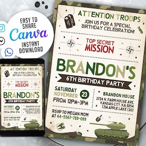 EDITABLE Army Invitation, Soldier Birthday Invitation, 5x7 Editable Canva Template