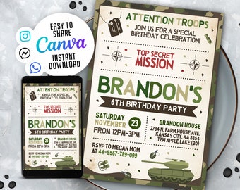 EDITABLE Army Invitation, Soldier Birthday Invitation, 5x7 Editable Canva Template