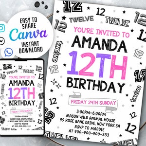 12th Girl Birthday Invitation, Girl Birthday Invites, 12Th Invitation, Girl Number Invitations, NSW167