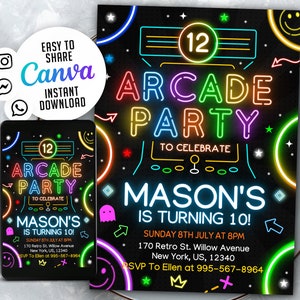 Arcade Birthday Party Invitation, Gaming arcade birthday party neon, Canva 5x7 NSW109