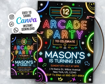 May include: Neon-colored invitation for a 10th birthday party with an arcade theme. The invitation features a black background with a neon-colored arcade game graphic and the text "Arcade Party" and "Mason's is turning 10!"