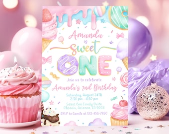 Invitación de cumpleaños "Sweet One", temática de dulces, plantilla de Canva (descarga digital)
