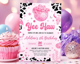 Pink Cowgirl Birthday Invitation, Yee Haw Rodeo Party (Canva Printable)