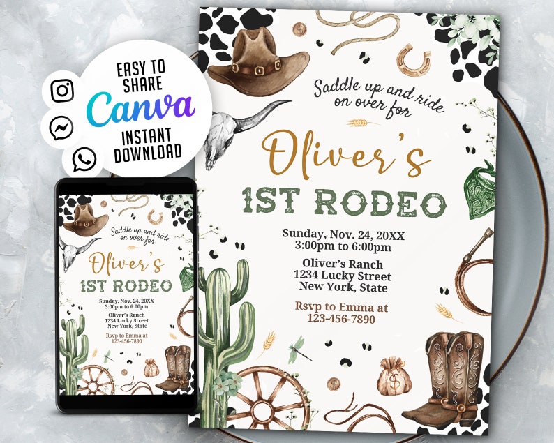 First Rodeo Invitation Template, Wild West Birthday (5x7 Canva) - Etsy