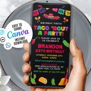 Invitación editable de cumpleaños de fiesta de Taco Bout Invitaciones móviles / de fiesta de cumpleaños, Invitación a fiesta digital para niños, Descarga instantánea Evite NSW29