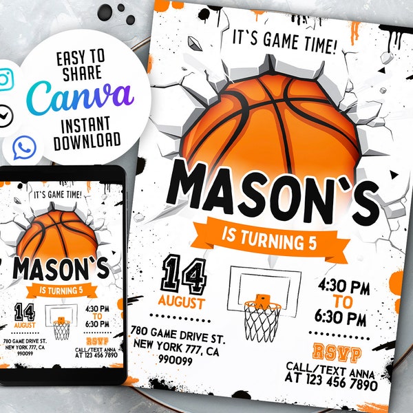 Basketball Invitation, Basketball Birthday Invitation, Instant Download Basketball Invitations, Basketball, EDITABLE, INSTANT DOWNLOAD NSW1