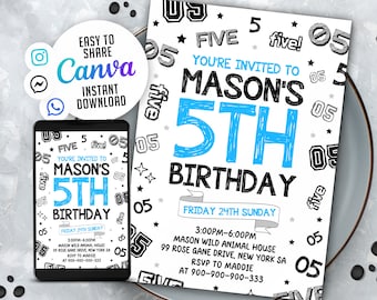 Boy 5th Birthday Invitation, Number Theme (Digital Download)