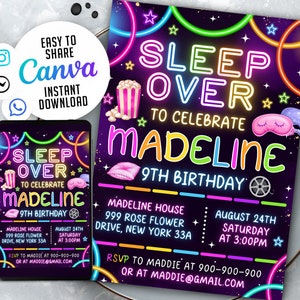 Bewerkbare verjaardagsuitnodiging logeerpartij, neon sleepover uitnodiging, slaapfeestje, pyjamafeest, Canva WSN2401