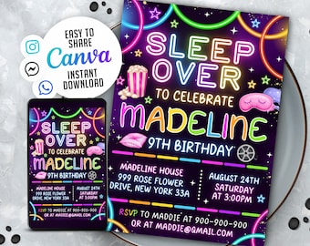 May include: Neon pink, blue, green, and yellow glow-in-the-dark themed birthday party invitation for Madeline's 9th birthday sleep over. The invitation includes the date, time, and location of the party. RSVP information is also included.