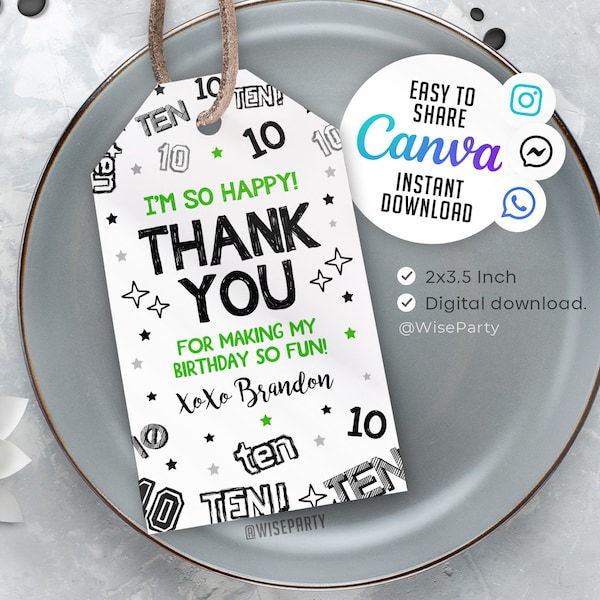 Editable Boy 10Th Tag, Boy Thank you tag, Boy Favor Tag, Canva Template