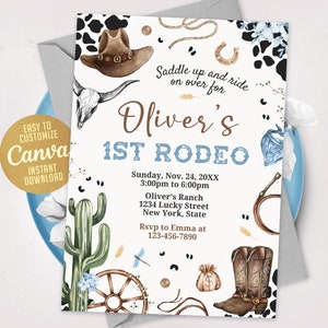 Modello di invito al primo rodeo, invito di compleanno nel selvaggio West, invito di compleanno da cowboy, il mio primo invito al rodeo, 5x7 Canva WS2401