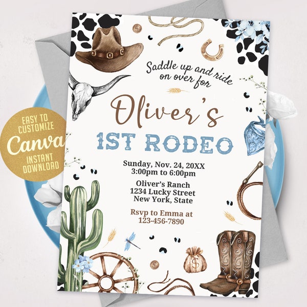 Primera plantilla de invitación de rodeo, invitación de cumpleaños del Salvaje Oeste, invitación de cumpleaños de niño vaquero, mi primera invitación de rodeo, 5x7 Canva WS2401