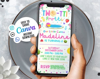 Bewerkbare TWOtti Frutti mobiele uitnodigingssjabloon | Mobiele verjaardagsuitnodiging, digitale kinderfeestuitnodiging, Instant Download Evite
