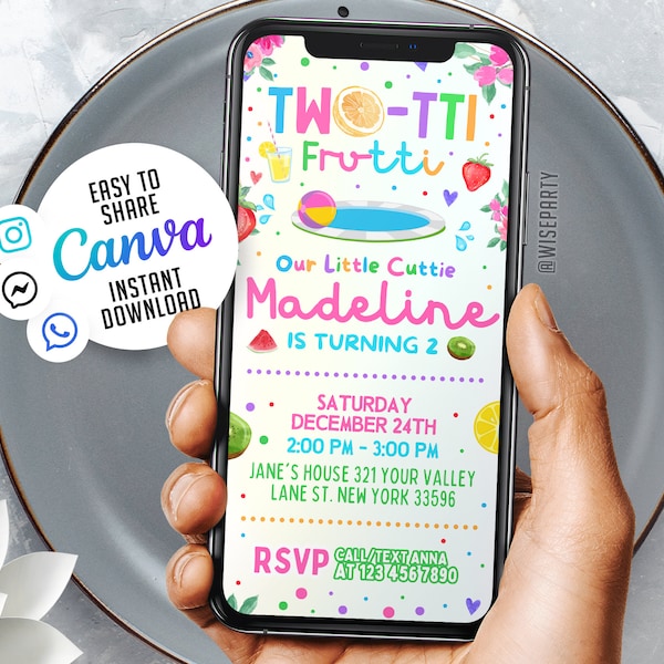 Editable TWOtti Frutti Mobile Invitation Template | Mobile Birthday Invitation, Digital Kids Party Invite, Instant Download Evite