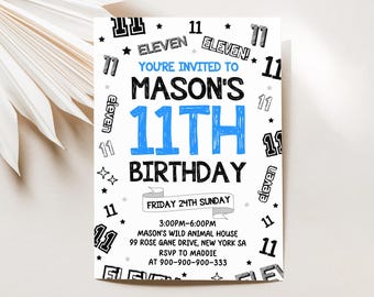 11th Birthday Invitation, Boy Number Invite, Editable Canva Template (Digital Download)