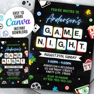 Spieleabend Einladung, Familienspielabend, Haus Party Einladung, Instant Download, Canva Template WS2401