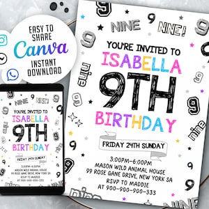 9Th Girl Birthday Invitation, Girl Birthday Invites, Instant Download Girl Number Invitations, NSW59