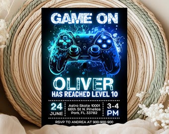 Video Game Birthday Invitation, Level Up, Gamer Boy, 5x7 (Canva Template Digital Download)