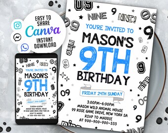 9th Birthday Invitation, Boy Number Theme (Digital Download)