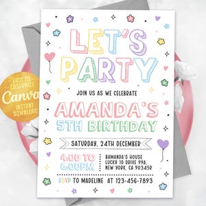 May include: A pastel-colored birthday party invitation with the text "LET'S PARTY" and "AMANDA'S 5TH BIRTHDAY". The invitation includes the date, time, and location details, along with a call to RSVP. The design features decorative elements like hearts and stars.