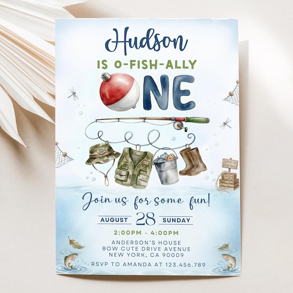 Invitación de primer cumpleaños con temática de pesca, O-Fish-Ally One, plantilla para fiesta de niño (descarga digital)
