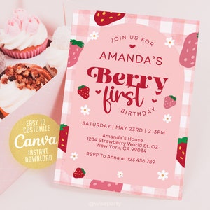 Berry First Birthday Invitation Template, Canva Editable (Digital Download)