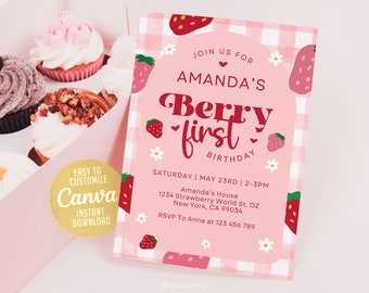 Berry First Birthday Invitation Template, Berry First Birthday Invitation, Berry First Birthday Invitation, Canva Editable Tenokate 0502