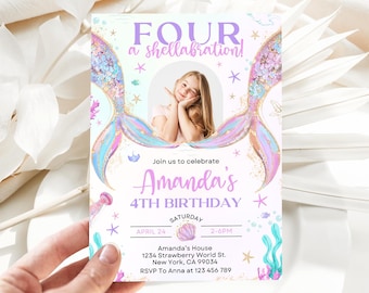 Invitación de cumpleaños número 4 con temática de sirenas, fiesta Shellbrate, plantilla editable (descarga digital)