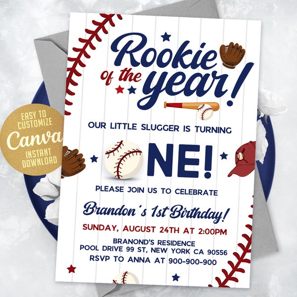 Baseball First Birthday Invitation, Baseball Birthday Party, Rookie Of The Year Invite, Editable Canva Template, NSW2