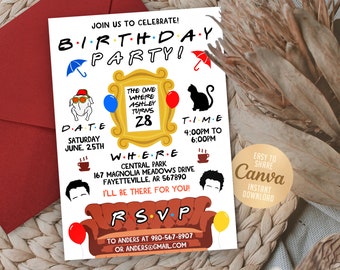 Bewerkbare vriendenuitnodiging, verjaardagsuitnodiging voor vrienden, 5x7 bewerkbare Canva-sjabloon, NSWx2
