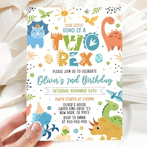 Two Rex Invitation, Dinosaur Invitation, 2nd Birthday Invitation, Dine Theme Invitations, Editable Canva Template WS2501