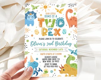 Invitación Del Segundo Cumpleaños De Dos Dinosaurios Rex Tarjeta De Cumpleaños Del Rugido Verde Del Dinosaurio Del Niño T-Rex 2da Fiesta Del Dino-ácaro. Editable Imprimible. 141HPA 02 - España