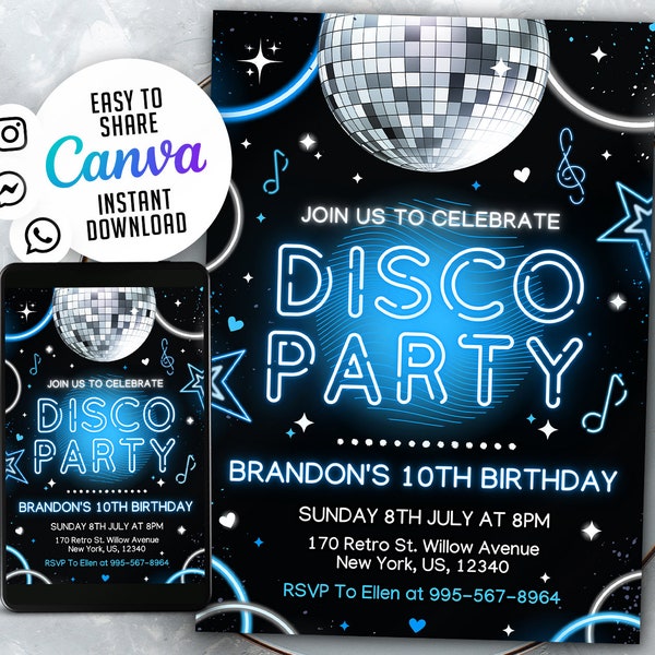 Disco Party Birthday Invitation, Editable Glow Party, Disco Gender Neutral Invites, Dance Party Template, Neon Party Invites NSW118