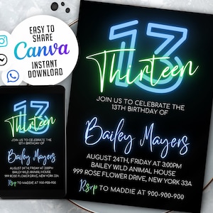 13Th Birthday Invitation for girl and boy, Neon Rainbow, Editable Template, 13 Bday Invites, NSW65