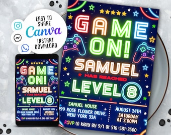 May include: A neon-colored birthday party invitation for a video game themed party. The invitation features a game controller, stars, and the text "Game On! Samuel Has Reached Level 8". The invitation also includes the date, time, and location of the party.