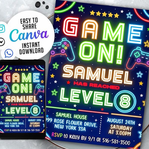 Video Game Birthday Invitation, Neon Glow Boy Gamer Party Invite Level Up Game On Digital Editable Instant Download Template, NSW80