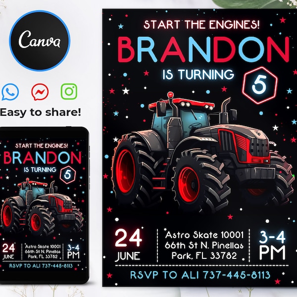 Editable Red Tractor Invitation, Tractor Birthday Invitation, 5x7 Editable Canva Template