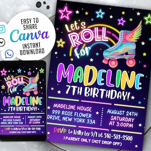 Skate Party Birthday Invitation, Roller Skating, Party Invitation, girl, boy, Retro Neon Lights, Editable Canva Template NSW62