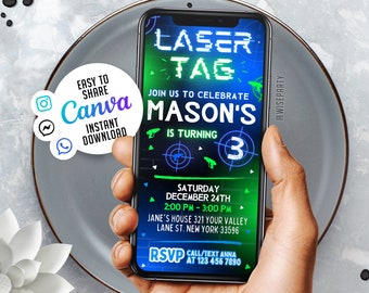 Editable Laser Tag Mobile Invitation Template | Birthday Party Invitations, Digital Kids Party Invite, Instant Download Evite