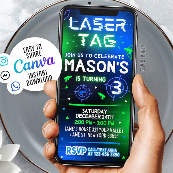 Editable Laser Tag Mobile Invitation Template | Birthday Party Invitations, Digital Kids Party Invite, Instant Download Evite