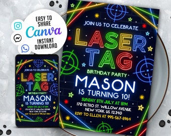 Editable Laser Tag Party Invitation, Neon Birthday Invitation, Birthday kids boy laser party instant download, NSW108