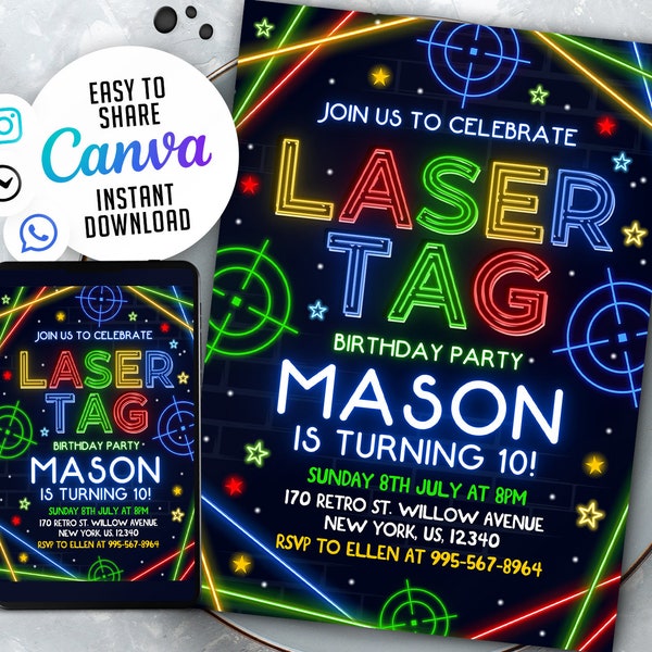 Editable Laser Tag Party Invitation, Neon Birthday Invitation, Birthday kids boy laser party instant download, NSW108