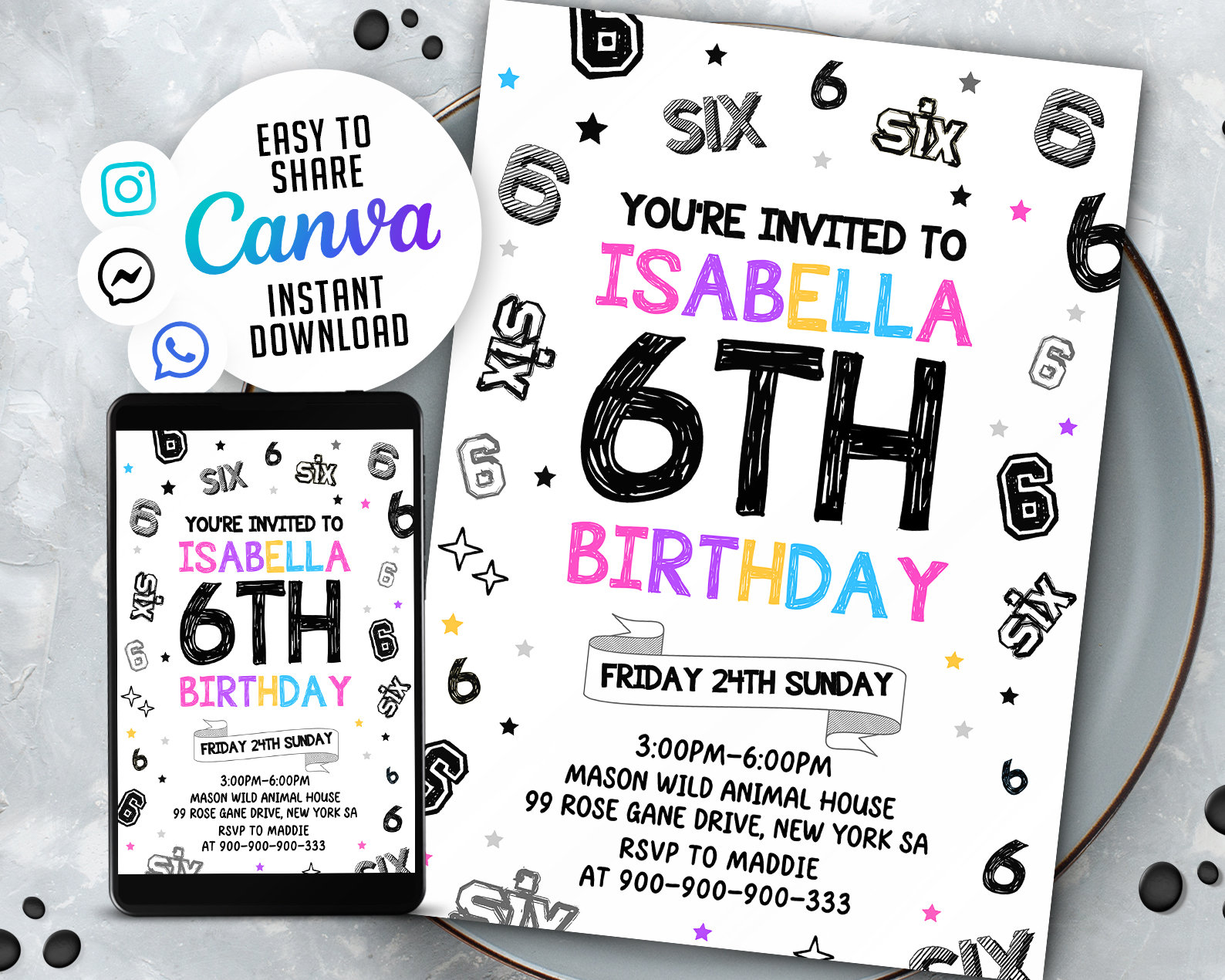 6th Girl Birthday Invitation Girl Birthday Invites Instant Etsy