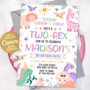 Dinosaur 2nd Birthday Invitation Two Rex T-Rex Party Invite Canva Editable Template Girl, WS240801