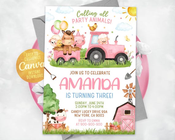 Farm Girl Birthday Invitation, Pink Farm Animals Party Invites, Barnyard Animals Ranch Kids Birthday Invitation, 5x7 Canva WS2501